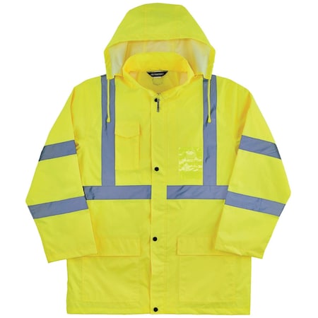 Ergodyne Hi-Vis Rain Jacket, Polyurethane, 150D Oxford Polyester, Class 3 Type R, Lime, XL 8366
